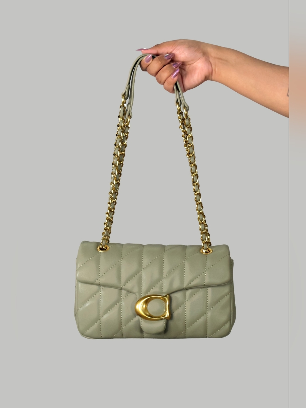 Daysha Quilted Sage Shoulder Bag with Gold Chain- Sage